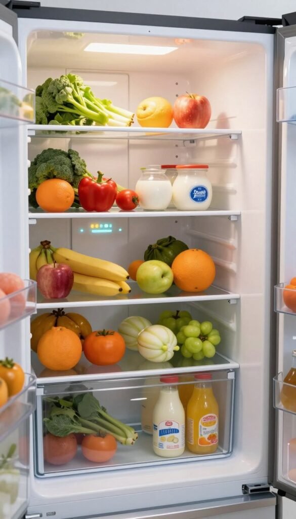 A modern refrigerator interior, showcasing distinct temperature zones from top to bottom, highlighting a visually appealing organization of food items. The foreground features an open refrigerator door, with shelves neatly arranged with fresh vegetables, fruits, dairy products, and beverages. In the middle section, clear temperature indicators are visible, providing a contrast of warm and cool tones, emphasizing the different zones. The background includes soft ambient lighting, enhancing the warmth of the colors and creating a welcoming atmosphere. The refrigerator should be subtly branded with "Ordnungskiste" displayed on a shelf. The scene captures a Pinterest-inspired aesthetic, realistic and inviting, with no text or watermarks, reflecting the essentials of understanding refrigerator zones.