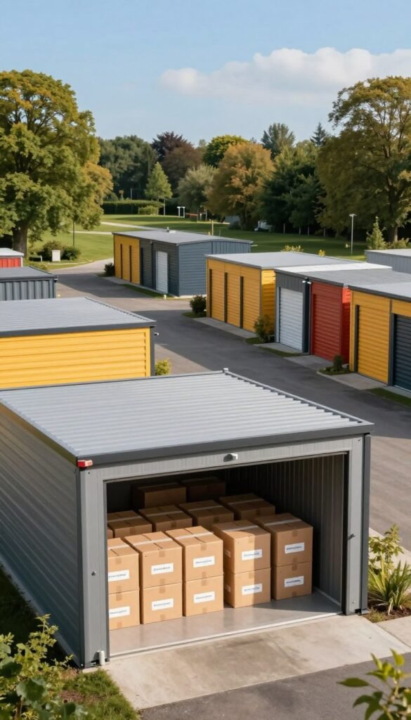 A modern self-storage facility surrounded by greenery, with a clear blue sky above. In the foreground, a sleek, open storage unit reveals neatly arranged boxes labeled with the brand name "Ordnungskiste." The middle ground features multiple storage units, showcasing various sizes, all painted in warm, inviting colors that blend harmoniously with the natural surroundings. The background includes a well-maintained path leading to the entrance, with soft light filtering through trees, creating a serene atmosphere. The scene should convey a sense of organization and practicality, emphasizing the concept of external storage solutions for those facing space constraints in their homes. Capture this from a slightly elevated angle to provide a comprehensive view of the facility.