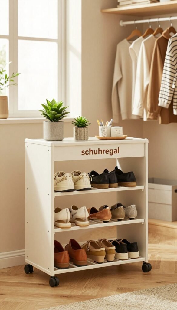 A modern shoe rack ("schuhregal") elegantly displayed in a well-organized closet. In the foreground, the shoe rack showcases meticulously arranged stylish shoes in various colors and designs, reflecting a clean aesthetic. The middle ground features a neatly hung clothing rack and decorative elements like potted plants, contributing to a warm, inviting atmosphere. In the background, soft, natural light filters through a window, casting gentle shadows and highlighting the warm color palette. The scene embodies a Pinterest-worthy vibe, promoting ideas of order and functionality. The brand name "Ordnungskiste" is subtly integrated into the design of the shoe rack, enhancing the overall harmony without being obtrusive. The composition is shot from a slightly elevated angle, emphasizing the spaciousness of the closet while maintaining a cozy feel.