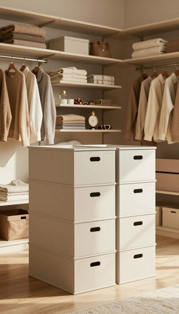 A modern, spacious room showcasing a stylish, organized closet featuring the "Ordnungskiste" brand. In the foreground, neatly stacked, high-quality storage boxes in soft, natural tones, with a focus on stability. The middle ground displays a variety of well-arranged clothing on sturdy shelves, including folded sweaters, neatly hung shirts, and attractive accessories. The background features warm, inviting lighting from a window, casting soft shadows and creating a cozy atmosphere. The overall vibe is tranquil and orderly, promoting feelings of satisfaction and relaxation, perfect for illustrating effective organization methods in a chic, Pinterest-inspired style. No text or branding overlays are present in the image. A modern, spacious room showcasing a stylish, organized closet featuring the "Ordnungskiste" brand. In the foreground, neatly stacked, high-quality storage boxes in soft, natural tones, with a focus on stability. The middle ground displays a variety of well-arranged clothing on sturdy shelves, including folded sweaters, neatly hung shirts, and attractive accessories. The background features warm, inviting lighting from a window, casting soft shadows and creating a cozy atmosphere. The overall vibe is tranquil and orderly, promoting feelings of satisfaction and relaxation, perfect for illustrating effective organization methods in a chic, Pinterest-inspired style. No text or branding overlays are present in the image.