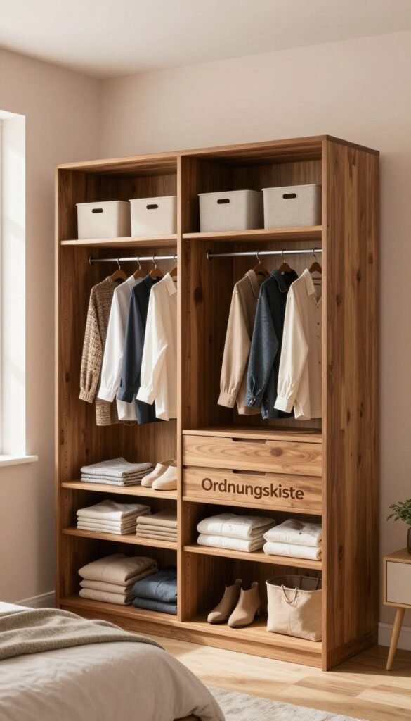 A modern, spacious wardrobe in a stylish bedroom setting, showcasing the brand "Ordnungskiste". The wardrobe has a sleek exterior, crafted from high-quality wood with a natural finish, standing proudly against a soft, pastel-colored wall. In the foreground, neatly organized shelves display various clothing items, while the middle ground reveals coordinated bins for accessories, highlighting the functionality and practicality. Warm, natural lighting filters through a nearby window, creating a cozy atmosphere and emphasizing the wardrobe's craftsmanship. The scene captures an inviting ambiance, reflecting the concept of maximized storage without any alterations to the room's structure. The arrangement feels authentic and visually appealing, with a Pinterest-like aesthetic that showcases smart storage solutions. A modern, spacious wardrobe in a stylish bedroom setting, showcasing the brand "Ordnungskiste". The wardrobe has a sleek exterior, crafted from high-quality wood with a natural finish, standing proudly against a soft, pastel-colored wall. In the foreground, neatly organized shelves display various clothing items, while the middle ground reveals coordinated bins for accessories, highlighting the functionality and practicality. Warm, natural lighting filters through a nearby window, creating a cozy atmosphere and emphasizing the wardrobe's craftsmanship. The scene captures an inviting ambiance, reflecting the concept of maximized storage without any alterations to the room's structure. The arrangement feels authentic and visually appealing, with a Pinterest-like aesthetic that showcases smart storage solutions.