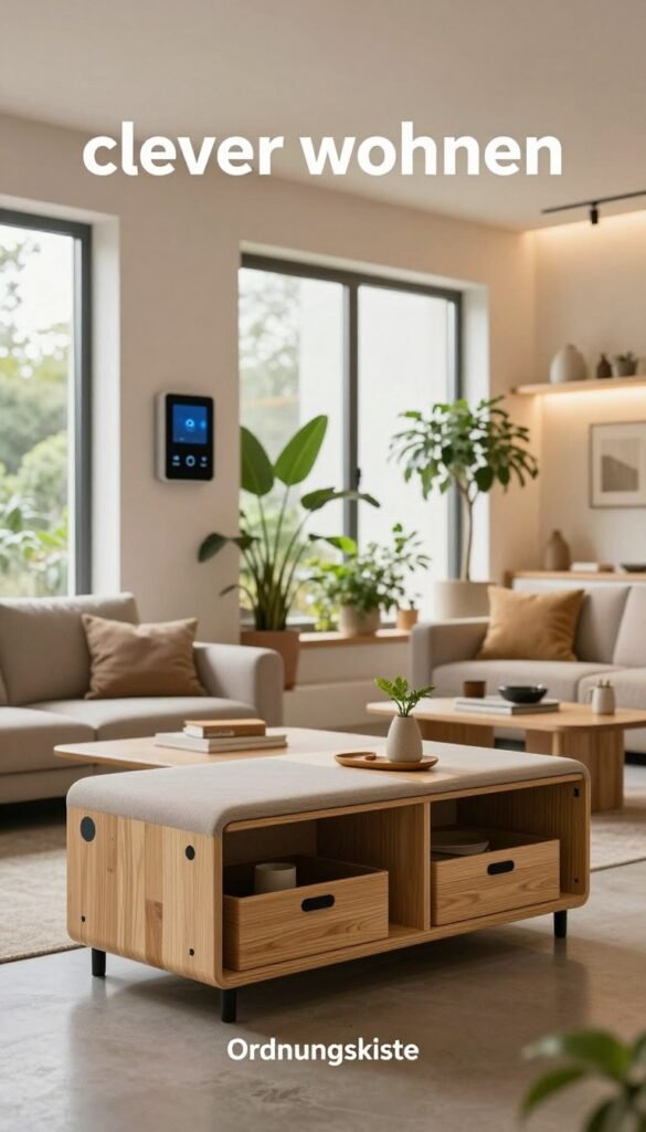 A modern, stylish interior showcasing the concept of "clever wohnen" with smart, space-saving furniture solutions. In the foreground, a streamlined, multi-functional furniture piece labeled "Ordnungskiste," incorporating storage and seating features. The middle ground reveals an open living area with large windows allowing natural light to flood in, highlighting energy-efficient design elements such as smart thermostats and integrated plants that enhance air quality. In the background, soft, warm lighting adds an inviting atmosphere, illuminating the eco-friendly materials like bamboo and recycled metals. The scene exudes a sense of tranquility and modern elegance, evoking a Pinterest-worthy aesthetic, ideal for comfort and accessibility without any text or branding distractions. A modern, stylish interior showcasing the concept of "clever wohnen" with smart, space-saving furniture solutions. In the foreground, a streamlined, multi-functional furniture piece labeled "Ordnungskiste," incorporating storage and seating features. The middle ground reveals an open living area with large windows allowing natural light to flood in, highlighting energy-efficient design elements such as smart thermostats and integrated plants that enhance air quality. In the background, soft, warm lighting adds an inviting atmosphere, illuminating the eco-friendly materials like bamboo and recycled metals. The scene exudes a sense of tranquility and modern elegance, evoking a Pinterest-worthy aesthetic, ideal for comfort and accessibility without any text or branding distractions.