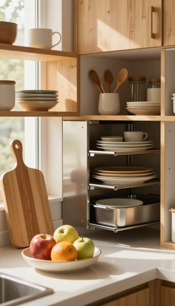 A modern, stylish kitchen setting focused on essential storage solutions for smaller spaces. In the foreground, showcase a sleek wooden cutting board and a simple, elegant ceramic dish with vibrant fruits. In the middle, include cabinets and shelves made from high-quality materials like bamboo and stainless steel, emphasizing durability and practicality. In the background, soft natural light filters through a window, casting a warm glow across the scene, enhancing the inviting atmosphere. Highlight the contrast between functional design and aesthetic appeal, showcasing well-organized kitchen tools and utensils. Incorporate warm color tones to evoke a cozy, inspirational vibe reminiscent of Pinterest aesthetics, ensuring the arrangement feels authentic and relatable.