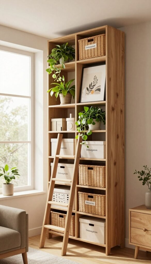 A modern, stylish small room featuring an elegant vertical storage solution that reaches the ceiling, showcasing the brand "Ordnungskiste." The foreground includes a sleek wooden ladder leaning against the storage unit filled with neatly organized baskets and decorative boxes, each labeled. In the middle, the vertical storage is beautifully arranged with vibrant plants and art pieces, creating a cozy atmosphere. The background displays soft natural light filtering through a large window, enhancing the warm colors of the room's decor. The furniture is minimalistic yet functional, evoking a sense of order and tranquility. Capture the essence of a Pinterest-worthy interior, focusing on the theme of vertical space optimization.