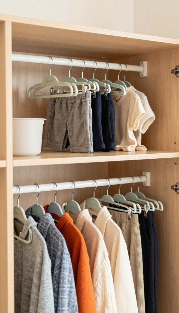 A modern, stylish wardrobe featuring space-saving hangers and pants hangers from the brand "Ordnungskiste". In the foreground, showcase neatly organized clothes with vibrant colors hanging gracefully from the innovative hangers. The middle layer presents a beautifully designed open wardrobe, highlighting ample hanging space with well-arranged trousers and jackets for families. The background subtly displays a softly lit room, enhancing the warm, inviting atmosphere with a natural color palette reminiscent of Pinterest aesthetics. Use soft, diffused lighting to create a cozy ambiance, with the camera angle capturing the details of the wardrobe system from a slightly elevated perspective. The overall mood should feel organized, practical, and family-friendly, without any text or distractions.