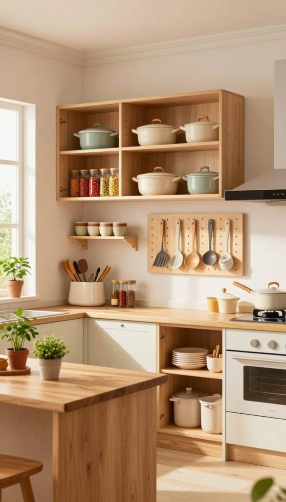 A modern, well-organized small kitchen designed for maximum storage efficiency, showcasing sleek cabinetry with open shelving filled with neatly arranged cookware and vibrant spices. In the foreground, a wooden kitchen island is accentuated by warm, natural lighting filtering through a nearby window, with a few potted herbs adding a touch of greenery. The middle ground features a wall-mounted pegboard displaying cooking utensils and kitchen gadgets, contributing to a functional yet stylish atmosphere. The background reveals a cozy dining nook with a small table set for two, creating an inviting ambiance. The overall mood is warm and welcoming, with soft pastel colors and a Pinterest-inspired aesthetic. The composition should be clear and inviting, with no text or distractions present in the scene.