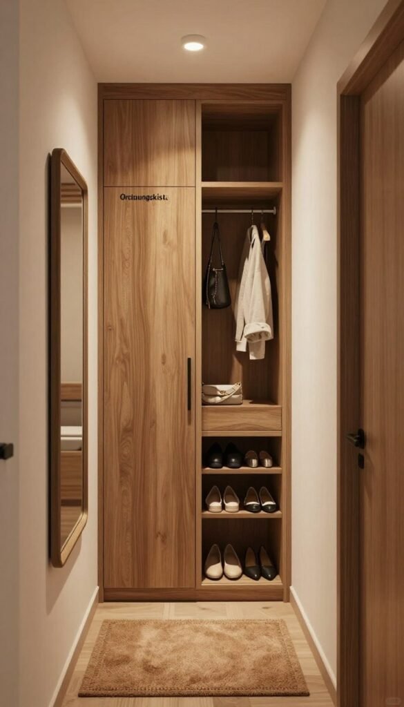 A narrow hallway featuring an efficient and stylish storage solution, showcasing a sleek, tall wardrobe designed for compact spaces. The wardrobe, branded "Ordnungskiste", boasts warm wood tones and minimalist design. In the foreground, an inviting entryway mat adds a cozy touch, while a decorative mirror reflects natural light. The middle ground captures the wardrobe with a well-organized interior, neatly arranged shoes and accessories visible through its semi-transparent doors. In the background, soft ambient lighting creates a warm, welcoming atmosphere, enhancing the overall harmony of the space. A subtle play of shadows emphasizes depth, giving the impression of a thoughtfully designed corridor ideal for small homes. Authentic and natural, the image embodies a Pinterest-inspired aesthetic without any textual distractions. A narrow hallway featuring an efficient and stylish storage solution, showcasing a sleek, tall wardrobe designed for compact spaces. The wardrobe, branded "Ordnungskiste", boasts warm wood tones and minimalist design. In the foreground, an inviting entryway mat adds a cozy touch, while a decorative mirror reflects natural light. The middle ground captures the wardrobe with a well-organized interior, neatly arranged shoes and accessories visible through its semi-transparent doors. In the background, soft ambient lighting creates a warm, welcoming atmosphere, enhancing the overall harmony of the space. A subtle play of shadows emphasizes depth, giving the impression of a thoughtfully designed corridor ideal for small homes. Authentic and natural, the image embodies a Pinterest-inspired aesthetic without any textual distractions.