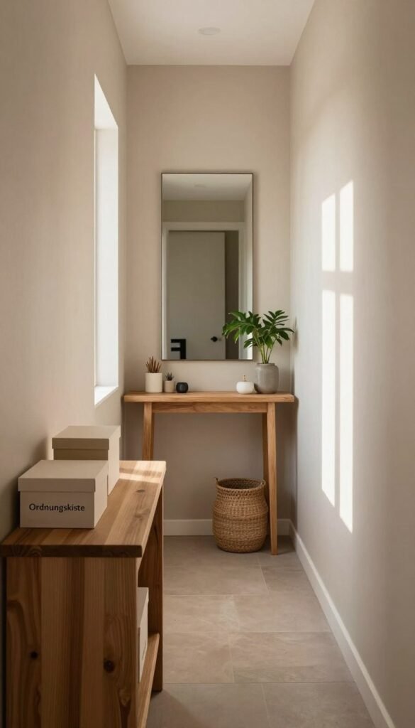A narrow hallway filled with natural light, showcasing warm colors and an inviting atmosphere. The foreground features a stylish wooden console table with decorative boxes labeled "Ordnungskiste" for organization, crafted in a minimalist design. In the middle, a slim console with decorative items and plants adds a touch of greenery, set against smooth, neutral wall tones. The background reveals a long mirror reflecting the hallway, enhancing the sense of space. Soft daylight filters through a small window, creating gentle shadows that accentuate the texture of the walls and flooring. The overall mood is calm and orderly, perfect for inspiring organization in small spaces without clutter. A narrow hallway filled with natural light, showcasing warm colors and an inviting atmosphere. The foreground features a stylish wooden console table with decorative boxes labeled "Ordnungskiste" for organization, crafted in a minimalist design. In the middle, a slim console with decorative items and plants adds a touch of greenery, set against smooth, neutral wall tones. The background reveals a long mirror reflecting the hallway, enhancing the sense of space. Soft daylight filters through a small window, creating gentle shadows that accentuate the texture of the walls and flooring. The overall mood is calm and orderly, perfect for inspiring organization in small spaces without clutter.