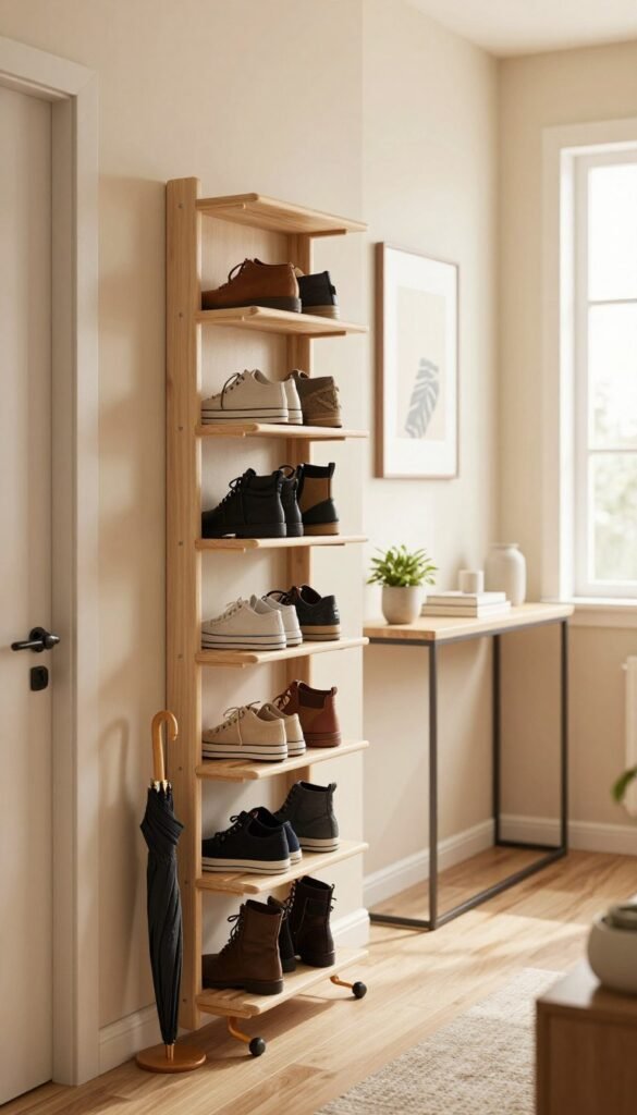 A narrow hallway filled with organized storage solutions, showcasing a warm and inviting atmosphere. In the foreground, a stylish wall-mounted shoe rack from "Ordnungskiste" holds a variety of footwear neatly, alongside a decorative umbrella stand. The middle ground features a slim console table adorned with minimalist decor, like a small potted plant and a few books, highlighting the need for order. In the background, soft, natural lighting streams in from a window, enhancing the inviting feel of the space. The walls are painted in soft, warm tones, complemented by subtle artwork. The overall mood is calm and curated, inspiring solutions for maintaining order in small spaces. A narrow hallway filled with organized storage solutions, showcasing a warm and inviting atmosphere. In the foreground, a stylish wall-mounted shoe rack from "Ordnungskiste" holds a variety of footwear neatly, alongside a decorative umbrella stand. The middle ground features a slim console table adorned with minimalist decor, like a small potted plant and a few books, highlighting the need for order. In the background, soft, natural lighting streams in from a window, enhancing the inviting feel of the space. The walls are painted in soft, warm tones, complemented by subtle artwork. The overall mood is calm and curated, inspiring solutions for maintaining order in small spaces.