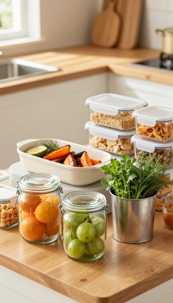 A neatly arranged kitchen countertop featuring various storage containers made of glass, plastic, metal, and ceramic, all showcasing their ideal use for preserving food freshness. The foreground displays a close-up of a glass jar filled with vibrant fruits, interspersed with a sturdy metal container securely holding fresh herbs. In the middle ground, a sleek ceramic dish holds roasted vegetables, while colorful plastic containers are filled with grains and snacks. The background reveals a softly lit kitchen with warm wooden tones and natural light streaming in from a window, creating a cozy atmosphere. The scene exudes an inviting and organized feel, emphasizing the effectiveness of these materials in keeping food fresh. The composition is shot from a slightly elevated angle, highlighting the textures and colors without any text or distractions. A neatly arranged kitchen countertop featuring various storage containers made of glass, plastic, metal, and ceramic, all showcasing their ideal use for preserving food freshness. The foreground displays a close-up of a glass jar filled with vibrant fruits, interspersed with a sturdy metal container securely holding fresh herbs. In the middle ground, a sleek ceramic dish holds roasted vegetables, while colorful plastic containers are filled with grains and snacks. The background reveals a softly lit kitchen with warm wooden tones and natural light streaming in from a window, creating a cozy atmosphere. The scene exudes an inviting and organized feel, emphasizing the effectiveness of these materials in keeping food fresh. The composition is shot from a slightly elevated angle, highlighting the textures and colors without any text or distractions.