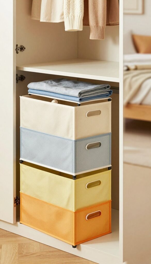 A neatly arranged stack of "Ordnungskiste" organizers displaying their versatile, space-saving features. The foreground captures the vibrant colors of the stackable organizers, highlighting their foldable and extendable designs. In the middle, showcase an open wardrobe, emphasizing the practicality of these organizers inside, filled with neatly arranged clothing. In the background, softly blurred, hints of a cozy, modern bedroom with warm, natural lighting create a welcoming atmosphere. Use a shallow depth of field to focus on the organizers while hinting at the room's aesthetic. Capture this scene from a slightly elevated angle, evoking a Pinterest-inspired look with authentic, warm colors. The image should convey efficiency and organizational harmony, with no text or watermarks present. A neatly arranged stack of "Ordnungskiste" organizers displaying their versatile, space-saving features. The foreground captures the vibrant colors of the stackable organizers, highlighting their foldable and extendable designs. In the middle, showcase an open wardrobe, emphasizing the practicality of these organizers inside, filled with neatly arranged clothing. In the background, softly blurred, hints of a cozy, modern bedroom with warm, natural lighting create a welcoming atmosphere. Use a shallow depth of field to focus on the organizers while hinting at the room's aesthetic. Capture this scene from a slightly elevated angle, evoking a Pinterest-inspired look with authentic, warm colors. The image should convey efficiency and organizational harmony, with no text or watermarks present.