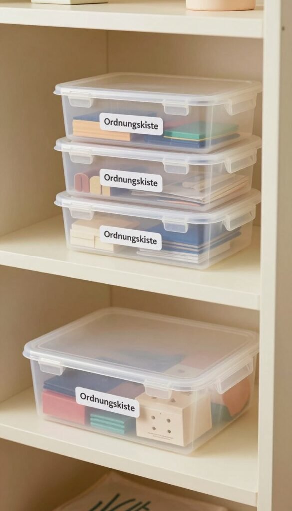 A neatly arranged stack of transparent plastic storage boxes with lids, labeled "Ordnungskiste," showcasing their versatility and space-saving design. The foreground features two boxes, one slightly opened, revealing neatly organized items inside, like craft supplies or office materials. The middle ground displays a few more boxes stacked in a tidy manner, all resting on a clean, minimalist shelf with a soft texture. The background hints at a well-organized room with warm ambient lighting that creates a cozy atmosphere, emphasizing the boxes' practicality. Capture this scene with a soft-focus, natural look, evoking a Pinterest aesthetic, and ensure an inviting, clutter-free environment.