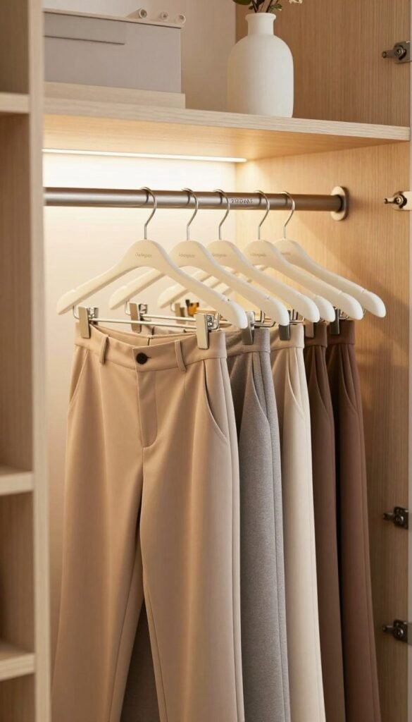 A neatly organized closet showcasing a collection of "Ordnungskiste" multiple clothing hangers designed for pants and skirts. In the foreground, the hangers feature a sleek, modern design holding an array of stylish trousers and skirts in soft, muted colors, emphasizing their space-saving qualities. The middle ground highlights a bright, warm ambience with light filtering through an open closet door, illuminating the neatly arranged outfits. The background includes textured wooden shelves and minimalist décor that enhance a cozy atmosphere, resembling a Pinterest-inspired aesthetic. The image captures a sense of order and sophistication, inviting viewers to envision a larger and more functional wardrobe. The lighting is soft and natural, creating a warm, inviting glow. A neatly organized closet showcasing a collection of "Ordnungskiste" multiple clothing hangers designed for pants and skirts. In the foreground, the hangers feature a sleek, modern design holding an array of stylish trousers and skirts in soft, muted colors, emphasizing their space-saving qualities. The middle ground highlights a bright, warm ambience with light filtering through an open closet door, illuminating the neatly arranged outfits. The background includes textured wooden shelves and minimalist décor that enhance a cozy atmosphere, resembling a Pinterest-inspired aesthetic. The image captures a sense of order and sophistication, inviting viewers to envision a larger and more functional wardrobe. The lighting is soft and natural, creating a warm, inviting glow.
