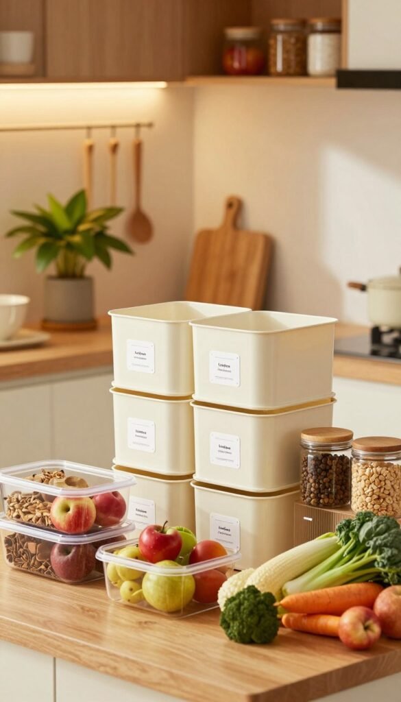 A neatly organized kitchen scene showcasing diverse Lebensmittel (groceries) arranged within a stackable storage system. In the foreground, a variety of colorful fruits and vegetables in clear containers, alongside jars of grains and spices. The middle ground features a stylish stack of modular storage bins with labels, emphasizing a space-efficient kitchen setup. The background reveals a well-lit, warm-toned kitchen with wooden shelves displaying neatly organized utensils and a lively plant on the countertop. The lighting is soft and inviting, creating a cozy atmosphere. The composition captures the essence of order and functionality, reflecting modern kitchen aesthetics with a Pinterest-like appeal. Ensure no text or watermarks are present, and the image exudes authenticity and simplicity. A neatly organized kitchen scene showcasing diverse Lebensmittel (groceries) arranged within a stackable storage system. In the foreground, a variety of colorful fruits and vegetables in clear containers, alongside jars of grains and spices. The middle ground features a stylish stack of modular storage bins with labels, emphasizing a space-efficient kitchen setup. The background reveals a well-lit, warm-toned kitchen with wooden shelves displaying neatly organized utensils and a lively plant on the countertop. The lighting is soft and inviting, creating a cozy atmosphere. The composition captures the essence of order and functionality, reflecting modern kitchen aesthetics with a Pinterest-like appeal. Ensure no text or watermarks are present, and the image exudes authenticity and simplicity.