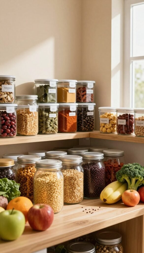 A neatly organized pantry filled with a variety of colorful Lebensmittel (food items). In the foreground, jars of grains and legumes sit on a wooden shelf, surrounded by vibrant fruits and vegetables. In the middle area, neatly labeled containers hold various spices and snacks, creating a visually appealing display. The background reveals walls painted in soft, warm tones with natural light filtering through a window, casting gentle shadows that enhance the inviting atmosphere. The overall mood is warm and cozy, evoking a sense of order and tranquility in everyday living. The scene conveys an ideal organization system, inspiring viewers with its harmony and simplicity. A neatly organized pantry filled with a variety of colorful Lebensmittel (food items). In the foreground, jars of grains and legumes sit on a wooden shelf, surrounded by vibrant fruits and vegetables. In the middle area, neatly labeled containers hold various spices and snacks, creating a visually appealing display. The background reveals walls painted in soft, warm tones with natural light filtering through a window, casting gentle shadows that enhance the inviting atmosphere. The overall mood is warm and cozy, evoking a sense of order and tranquility in everyday living. The scene conveys an ideal organization system, inspiring viewers with its harmony and simplicity.
