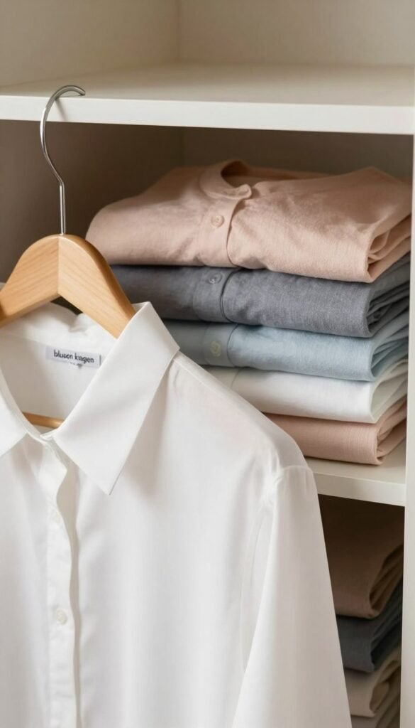 A neatly organized wardrobe showcasing a "blusen kragen," or blouse collar, prominently displayed as a focal point. The foreground features a close-up of an elegant, crisp white blouse with a beautifully shaped collar, draped over a stylish wooden hanger. In the middle ground, multiple blouses in soft pastel colors are neatly folded and placed in a spacious Ordnungskiste, emanating a sense of order and efficiency in space utilization. The background hints at a softly lit room with warm colors, enhancing the cozy and inviting atmosphere. The lighting is natural, bringing out the textures of the fabric and creating subtle shadows. The overall image invokes a feeling of organization and calm, perfect for inspiring readers to optimize their storage solutions.