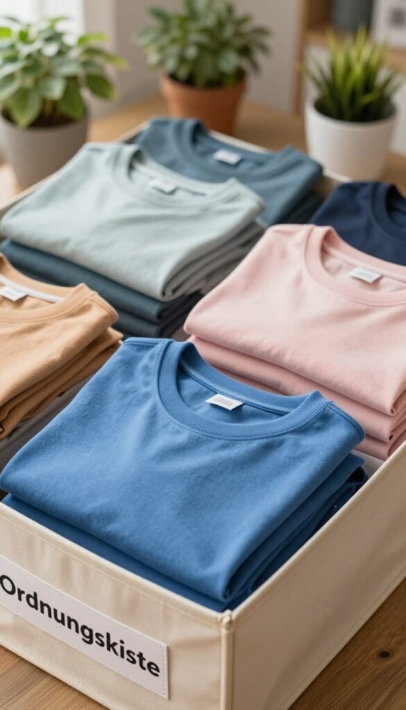 A neatly organized workspace featuring a beautiful array of freshly folded T-shirts and tops in various colors, arranged harmoniously within a stylish fabric storage box labeled "Ordnungskiste." In the foreground, a vibrant blue T-shirt is perfectly folded, showcasing crisp lines, with a soft natural light illuminating its texture. The middle ground includes additional T-shirts in soft pastels, artfully stacked, creating a visually appealing gradient of colors. In the background, the scene is complemented by greenery from potted plants, providing a fresh and inviting atmosphere. The overall mood should feel warm, cozy, and efficient, reminiscent of a Pinterest-inspired layout. The image embodies a sense of orderliness, reflecting quick and tidy folding methods without any text or markings.