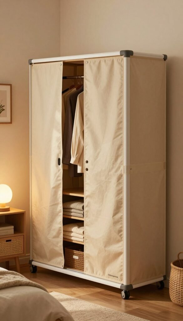 A portable wardrobe made of fabric and plastic, designed for small spaces, prominently displayed in a cozy room. In the foreground, the wardrobe is stylish and practical, with compartments open to show neatly organized clothes and accessories. The middle ground features a warm, inviting room with soft lighting that highlights the wardrobe's features, including a gentle glow from a nearby lamp, casting a pleasant ambiance. The background includes a decorated wall and a cozy rug that add to the aesthetic. The colors are warm and natural, capturing a Pinterest-worthy look, evoking a sense of comfort and organization. The brand name "Ordnungskiste" is subtly visible on the wardrobe, blending seamlessly with the overall design. The scene has an authentic feel, inviting and practical, suitable for transitional living situations or rentals.