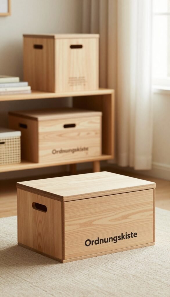 A premium storage box labeled "Ordnungskiste" showcased in a well-organized, stylish environment. In the foreground, the box is made of high-quality, sustainable materials, featuring a sleek design with a natural wood finish. The middle features an elegantly arranged living space, with additional boxes stacked neatly on shelves, demonstrating their space-saving capability. The background features soft, warm lighting filtering through a nearby window, creating a cozy and inviting atmosphere. The entire scene has a modern aesthetic, reminiscent of Pinterest interiors, emphasizing authenticity and simplicity. The focus should be on the craftsmanship and functionality of the storage solution, capturing the essence of maximum order and long-lasting use without any text or distractions.