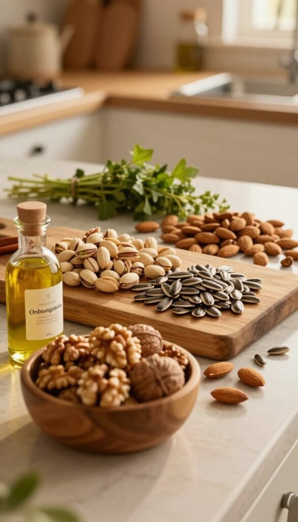A rustic kitchen countertop filled with an assortment of fresh nuts, seeds, and oils, artfully arranged to emphasize their natural textures and colors. In the foreground, a wooden bowl brimming with walnuts and almonds, next to small glass bottles of cold-pressed oils. The middle layer showcases pistachios and sunflower seeds scattered on a wooden cutting board, while the background features softly blurred, warm-toned kitchen elements like herbs and spices. The lighting is soft and inviting, mimicking golden hour, with gentle highlights reflecting off the glossy surfaces. The overall atmosphere is cozy and organized, omitting any text or distractions, capturing the essence of "Ordnungskiste" in a visually appealing and authentic Pinterest-inspired style. A rustic kitchen countertop filled with an assortment of fresh nuts, seeds, and oils, artfully arranged to emphasize their natural textures and colors. In the foreground, a wooden bowl brimming with walnuts and almonds, next to small glass bottles of cold-pressed oils. The middle layer showcases pistachios and sunflower seeds scattered on a wooden cutting board, while the background features softly blurred, warm-toned kitchen elements like herbs and spices. The lighting is soft and inviting, mimicking golden hour, with gentle highlights reflecting off the glossy surfaces. The overall atmosphere is cozy and organized, omitting any text or distractions, capturing the essence of "Ordnungskiste" in a visually appealing and authentic Pinterest-inspired style.