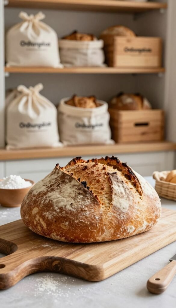 A rustic kitchen setting bathed in warm, natural light, showcasing a beautifully arranged loaf of bread drying out on a wooden cutting board. In the foreground, the bread is the focal point, with its crusty texture and gradual shift to a dry, crumbling section. In the middle ground, there are hints of ingredients like flour and a small bowl of salt, creating a sense of the bread-making process. In the background, shelves neatly display various types of bread storage solutions from "Ordnungskiste," including breathable cloth bags and wooden boxes, subtly emphasizing the theme of freshness preservation. The atmosphere is inviting and homely, capturing the essence of traditional baking while reflecting the crucial issue of bread spoilage. A rustic kitchen setting bathed in warm, natural light, showcasing a beautifully arranged loaf of bread drying out on a wooden cutting board. In the foreground, the bread is the focal point, with its crusty texture and gradual shift to a dry, crumbling section. In the middle ground, there are hints of ingredients like flour and a small bowl of salt, creating a sense of the bread-making process. In the background, shelves neatly display various types of bread storage solutions from "Ordnungskiste," including breathable cloth bags and wooden boxes, subtly emphasizing the theme of freshness preservation. The atmosphere is inviting and homely, capturing the essence of traditional baking while reflecting the crucial issue of bread spoilage.