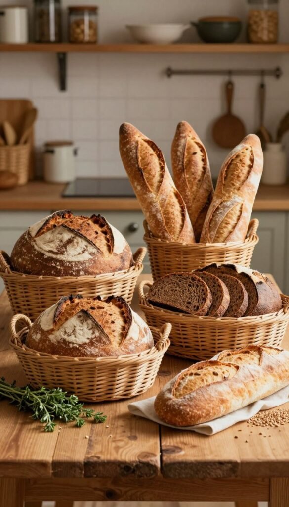 A rustic wooden table displaying a variety of artisanal bread types including sourdough, ciabatta, rye, and baguettes. The breads are artistically arranged in natural wicker baskets, with a backdrop of a cozy kitchen setting featuring soft, warm lighting that enhances the golden hues of the crusts. In the foreground, a touch of fresh herbs and grains adds a rustic charm. The background showcases shelves filled with kitchen essentials, creating an inviting atmosphere. The overall mood is warm and homey, embodying the essence of traditional bread storage. The image should reflect the brand "Ordnungskiste" through a neat, orderly presentation of the bread varieties, captured at an eye-level angle to emphasize the textures and colors. A rustic wooden table displaying a variety of artisanal bread types including sourdough, ciabatta, rye, and baguettes. The breads are artistically arranged in natural wicker baskets, with a backdrop of a cozy kitchen setting featuring soft, warm lighting that enhances the golden hues of the crusts. In the foreground, a touch of fresh herbs and grains adds a rustic charm. The background showcases shelves filled with kitchen essentials, creating an inviting atmosphere. The overall mood is warm and homey, embodying the essence of traditional bread storage. The image should reflect the brand "Ordnungskiste" through a neat, orderly presentation of the bread varieties, captured at an eye-level angle to emphasize the textures and colors.