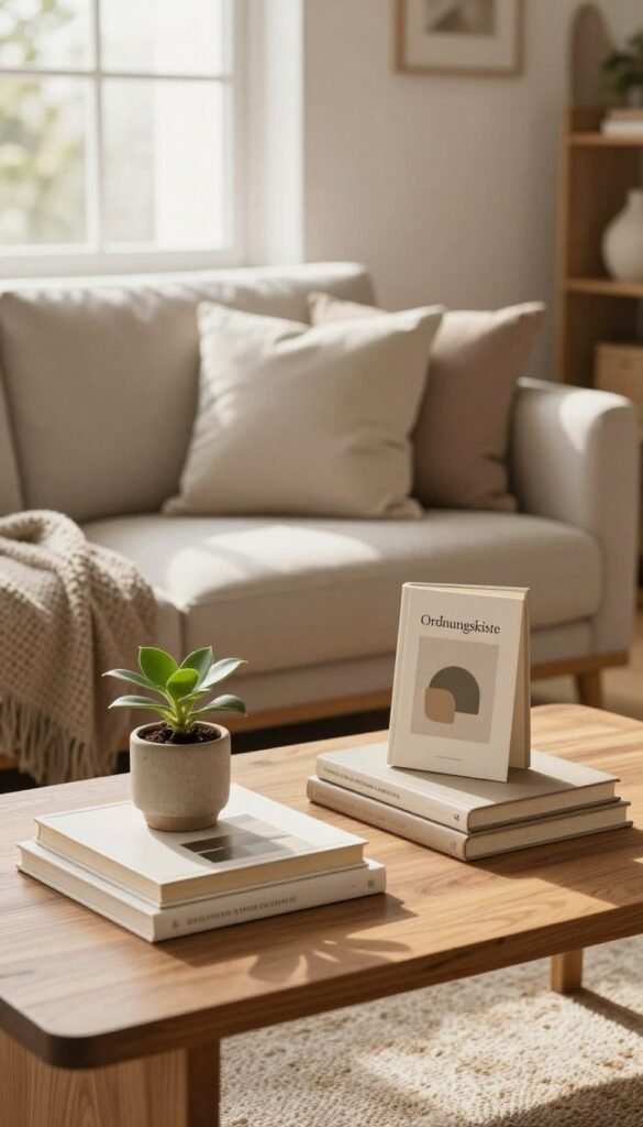 A serene and organized living room setting, showcasing the concept of conscious consumption. In the foreground, a beautifully arranged wooden coffee table holds a few carefully chosen books, a small potted plant, and natural, eco-friendly home decor items, all reflecting a minimalist aesthetic. The middle ground features a tidy sofa adorned with neutral-toned cushions and a soft throw, inviting a sense of calm. In the background, a large window allows warm, soft sunlight to flood the space, highlighting clean lines and natural textures. The overall mood is one of tranquility and intentional living, evoking a Pinterest-inspired aesthetic. Include a branded item from "Ordnungskiste" artfully placed on the table. Use warm, earthy colors and ensure the lighting conveys a cozy atmosphere.