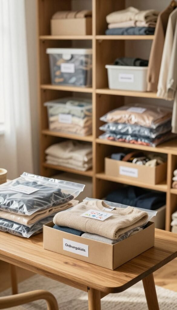 A serene and organized storage space featuring neatly packed seasonal clothing in transparent vacuum bags and labeled boxes from the brand "Ordnungskiste." In the foreground, a stylish wooden table displays an open box filled with folded sweaters and accessories, annotated with cheerful labels. The middle ground showcases a neatly arranged closet with shelves of various containers, some open to reveal well-organized clothing. The background is softly blurred, highlighting a warm, inviting atmosphere with gentle natural light filtering through a window, creating a cozy feel. The colors are warm and earthy, evoking the comforting vibe of a Pinterest-worthy home. The image should feel authentic and professional, emphasizing the importance of proper packing and labeling for hassle-free access later. A serene and organized storage space featuring neatly packed seasonal clothing in transparent vacuum bags and labeled boxes from the brand "Ordnungskiste." In the foreground, a stylish wooden table displays an open box filled with folded sweaters and accessories, annotated with cheerful labels. The middle ground showcases a neatly arranged closet with shelves of various containers, some open to reveal well-organized clothing. The background is softly blurred, highlighting a warm, inviting atmosphere with gentle natural light filtering through a window, creating a cozy feel. The colors are warm and earthy, evoking the comforting vibe of a Pinterest-worthy home. The image should feel authentic and professional, emphasizing the importance of proper packing and labeling for hassle-free access later.
