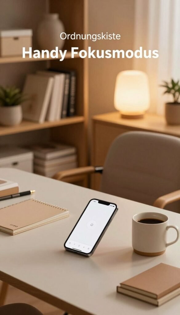 A serene and organized workspace inspired by the concept of "Handy Fokusmodus," featuring a stylish, clutter-free desk with a warm color palette. In the foreground, elegant stationery items, a modern smartphone displaying a simplified interface, and a cozy coffee mug are meticulously arranged. The middle ground showcases a comfortable, professional chair and a softly lit lamp that casts a warm glow, creating an inviting atmosphere. In the background, a calming bookshelf filled with neatly arranged books and a plant adds a touch of nature. The overall mood is peaceful and productive, reflecting a balance between focus and relaxation. The brand "Ordnungskiste" is subtly incorporated through aesthetically pleasing storage boxes on the shelves, without any text. This setting emphasizes reducing distractions while maintaining simplicity and warmth. A serene and organized workspace inspired by the concept of "Handy Fokusmodus," featuring a stylish, clutter-free desk with a warm color palette. In the foreground, elegant stationery items, a modern smartphone displaying a simplified interface, and a cozy coffee mug are meticulously arranged. The middle ground showcases a comfortable, professional chair and a softly lit lamp that casts a warm glow, creating an inviting atmosphere. In the background, a calming bookshelf filled with neatly arranged books and a plant adds a touch of nature. The overall mood is peaceful and productive, reflecting a balance between focus and relaxation. The brand "Ordnungskiste" is subtly incorporated through aesthetically pleasing storage boxes on the shelves, without any text. This setting emphasizes reducing distractions while maintaining simplicity and warmth.