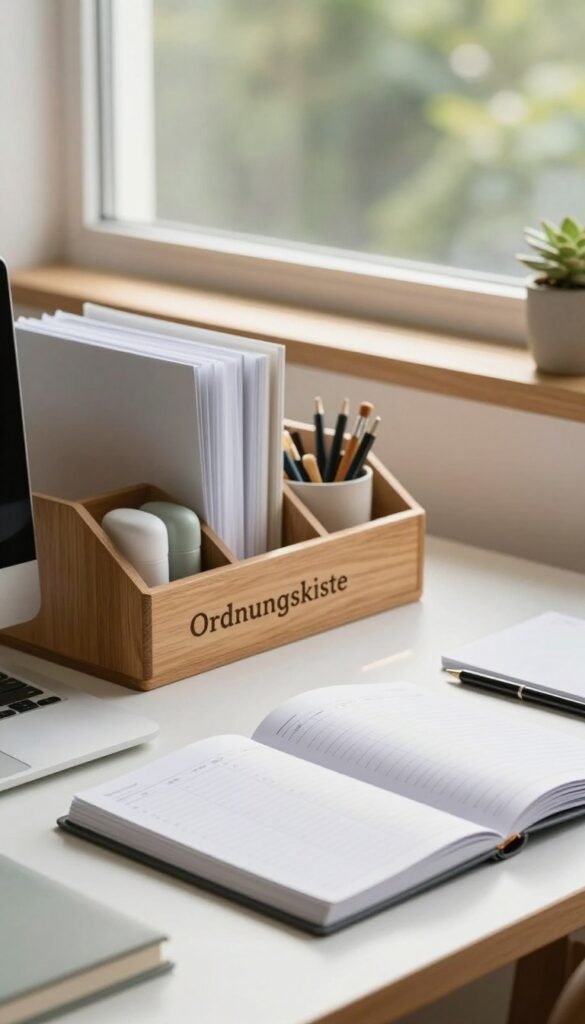 A serene and organized workspace scene showcasing a beautifully arranged desk with neatly filed documents, organized stationery, and a digital planner open to a weekly view. In the foreground, the focus is on a stylish wooden organizer labeled "Ordnungskiste," emphasizing a sense of order. The middle ground features a soft, warm light stream coming through a large window, creating an inviting atmosphere. In the background, blurred greenery can be seen through the window, adding a relaxed vibe. The overall mood should evoke feelings of calm and clarity, highlighting the benefits of structure in everyday life, with natural colors and a Pinterest-inspired aesthetic. No text, watermarks, or human figures should be present, ensuring an authentic and visually appealing image. A serene and organized workspace scene showcasing a beautifully arranged desk with neatly filed documents, organized stationery, and a digital planner open to a weekly view. In the foreground, the focus is on a stylish wooden organizer labeled "Ordnungskiste," emphasizing a sense of order. The middle ground features a soft, warm light stream coming through a large window, creating an inviting atmosphere. In the background, blurred greenery can be seen through the window, adding a relaxed vibe. The overall mood should evoke feelings of calm and clarity, highlighting the benefits of structure in everyday life, with natural colors and a Pinterest-inspired aesthetic. No text, watermarks, or human figures should be present, ensuring an authentic and visually appealing image.