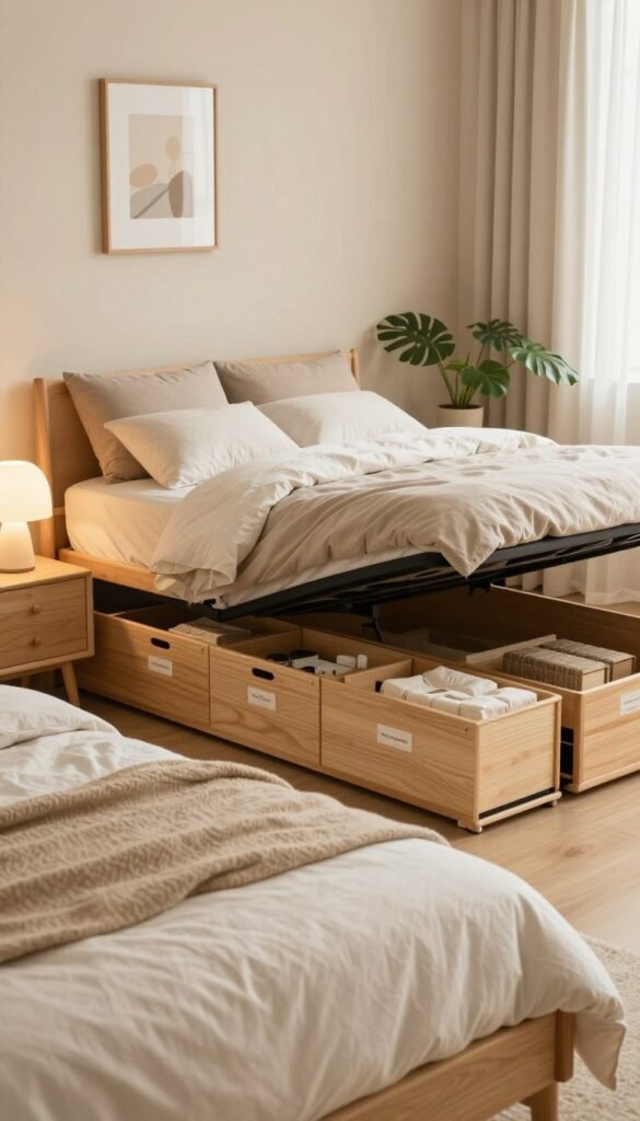 A serene and stylish bedroom showcasing an efficient storage solution under the bed. In the foreground, a beautifully made bed with soft, neutral-toned bedding and plush pillows. The bed is framed by chic nightstands holding minimalistic lamps. In the middle, reveal a neatly organized storage space under the bed, showcasing the brand "Ordnungskiste" in elegant wooden boxes with labels, emphasizing tidiness. The background features warm, inviting walls in soft pastels and artful decor, including potted plants that add a touch of life. The scene is illuminated by soft, natural lighting filtering through sheer curtains, creating a calm and cozy atmosphere. The overall composition reflects a Pinterest-inspired aesthetic, authentic and visually pleasing, ideal for promoting efficient bedroom organization. A serene and stylish bedroom showcasing an efficient storage solution under the bed. In the foreground, a beautifully made bed with soft, neutral-toned bedding and plush pillows. The bed is framed by chic nightstands holding minimalistic lamps. In the middle, reveal a neatly organized storage space under the bed, showcasing the brand "Ordnungskiste" in elegant wooden boxes with labels, emphasizing tidiness. The background features warm, inviting walls in soft pastels and artful decor, including potted plants that add a touch of life. The scene is illuminated by soft, natural lighting filtering through sheer curtains, creating a calm and cozy atmosphere. The overall composition reflects a Pinterest-inspired aesthetic, authentic and visually pleasing, ideal for promoting efficient bedroom organization.