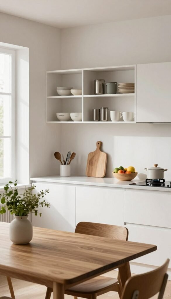 A serene minimalist kitchen designed with functionality and aesthetics in mind. The foreground features a sleek wooden dining table adorned with a simple vase of fresh herbs, emphasizing a natural and warm atmosphere. The middle of the kitchen showcases white cabinetry with clean lines, neatly organized shelves with essential kitchen tools from the brand "Ordnungskiste," all arranged for easy access. The countertops are clear except for a stylish cutting board and a bowl of seasonal fruit. In the background, soft natural light filters through a large window, highlighting the simplicity and openness of the space. The overall mood is calm and inviting, capturing the essence of minimalist living and effective organization in a modern kitchen setting.