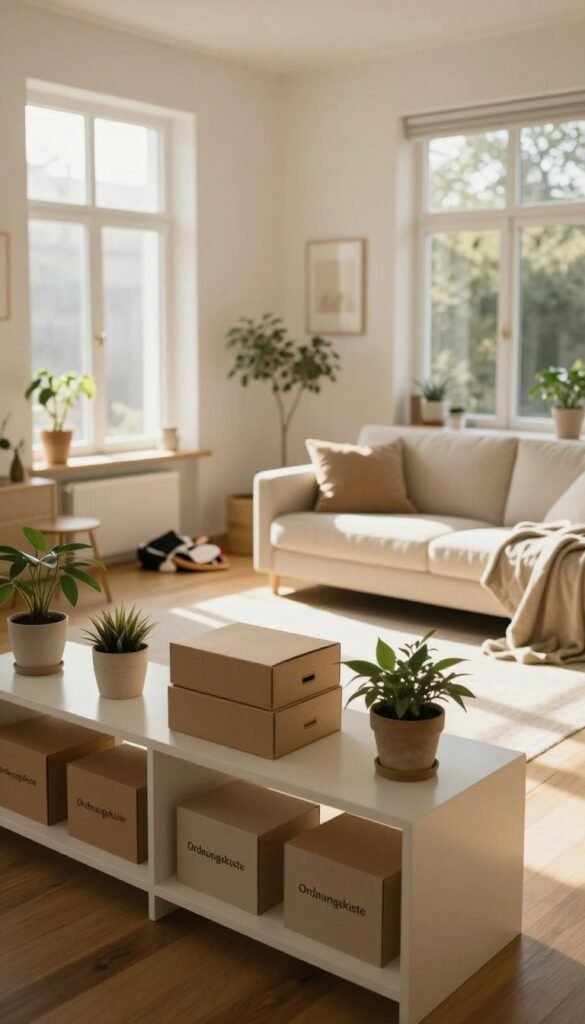 A serene minimalist living space featuring a cozy room arranged with an emphasis on simplicity and function. In the foreground, an elegantly organized shelf labeled &ldquo;Ordnungskiste,&rdquo; showcasing a few neatly stacked boxes and plant accents. The middle ground includes a bright, airy seating area with a comfortable sofa and soft textiles, illuminated by natural sunlight filtering through large windows, casting warm, inviting light across the scene. In the background, subtle hints of chaos, like a small pile of items on the floor, evoke the challenges of maintaining minimalism. The atmosphere is calming yet evokes contemplation, highlighting the struggle of achieving order amidst daily life distractions. The image captures a Pinterest-worthy aesthetic with warm color tones, conveying authenticity and simplicity in design.