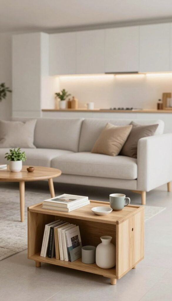 A serene, minimalist living space featuring a tidy, organized interior to illustrate the principles of minimalism. In the foreground, a stylish Ordenungskiste, crafted from natural wood, houses neatly arranged everyday items like books and small decor pieces. The middle ground displays a cozy, well-lit seating area with a simple fabric sofa, adorned with a couple of muted cushions, and a small, round coffee table with a potted plant. The background showcases a clean, open kitchen with minimalistic cabinetry and soft, warm lighting reflecting off the surfaces. The atmosphere evokes calmness and simplicity, with a Pinterest-inspired aesthetic that feels inviting and authentic. The image is well-composed with a soft focus effect, emphasizing harmony and organization.