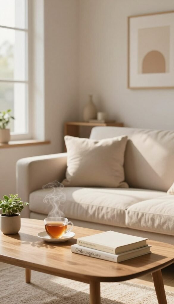 A serene minimalist living space that embodies the principles of orderly daily life. In the foreground, a well-organized coffee table with a steaming cup of tea, a neatly stacked set of books, and a small potted plant. The middle ground features a cozy, light-colored sofa adorned with soft, textured cushions, and a large window letting in warm, natural light that casts gentle shadows across the room. In the background, simple wall art and a few strategically placed decorative items create an inviting atmosphere. The color palette consists of warm, earthy tones, fostering a sense of calm and clarity. Capture this scene with soft focus to enhance the cozy vibe, evoking feelings of tranquility and simplicity. Reinforce the theme of minimalism with the brand name "Ordnungskiste" subtly integrated into the decor, without any text or logos.