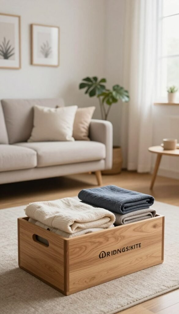 A serene, minimalist living space that emphasizes decluttering, featuring a well-organized room with neutral tones and warm natural lighting. In the foreground, a stylish wooden Ordnungskiste box sits neatly, partially filled with neatly folded textiles and unused items, symbolizing the process of tidying up. The middle ground reveals a cozy, inviting area with a simple sofa adorned with a few carefully chosen pillows, and a small plant adding a touch of greenery. The background shows softly diffused light streaming through a window, illuminating the space, and a few framed nature-themed prints on the walls. The overall mood is calm and peaceful, evoking a sense of clarity and systematized living, perfect for inspiring readers toward minimalistic living without drama.