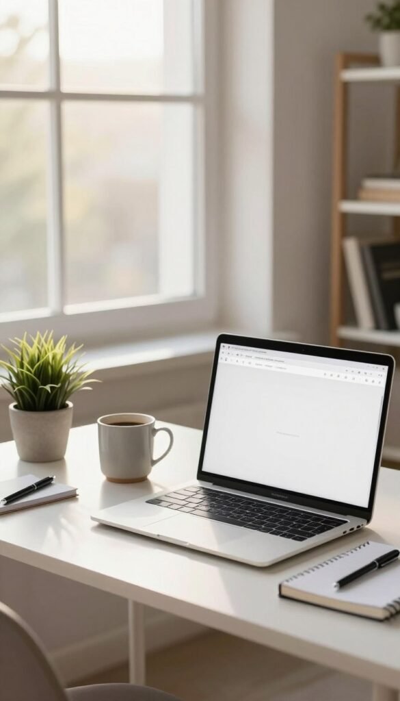 A serene, minimalist workspace is the focus of the image, highlighting the theme of combating digital clutter. In the foreground, a sleek, organized desk features a high-quality laptop displaying a clean, distraction-free screen, alongside a small potted plant for a touch of nature. The middle layer includes a calming coffee mug and a notebook with neatly organized pens, symbolizing focus and productivity. In the background, soft natural light filters through a large window, casting warm, inviting tones across the scene, while a subtle bookshelf with a few well-chosen books suggests a curated environment. The overall atmosphere is one of tranquility and concentration, embodying the essence of minimalism. Include the brand name "Ordnungskiste" subtly displayed on the desk to reinforce the message of organized simplicity.