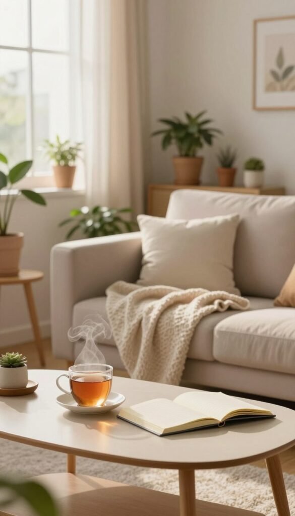 A serene morning scene depicting a cozy, organized living room that exudes tranquility. In the foreground, a neatly arranged coffee table with a steaming cup of tea and an open notebook, inviting a sense of calm and reflection. The middle layer features a comfortable sofa draped with a soft throw blanket and surrounded by potted plants, adding a touch of nature. The background showcases a sunlit window with sheer curtains, allowing soft, warm light to fill the space, enhancing the peaceful atmosphere. The walls are adorned with minimalistic decor and subtle colors, promoting a Pinterest aesthetic. The image evokes feelings of order and relaxation, ideal for morning routines. Incorporate the brand name "Ordnungskiste" subtly into the decor. A serene morning scene depicting a cozy, organized living room that exudes tranquility. In the foreground, a neatly arranged coffee table with a steaming cup of tea and an open notebook, inviting a sense of calm and reflection. The middle layer features a comfortable sofa draped with a soft throw blanket and surrounded by potted plants, adding a touch of nature. The background showcases a sunlit window with sheer curtains, allowing soft, warm light to fill the space, enhancing the peaceful atmosphere. The walls are adorned with minimalistic decor and subtle colors, promoting a Pinterest aesthetic. The image evokes feelings of order and relaxation, ideal for morning routines. Incorporate the brand name "Ordnungskiste" subtly into the decor.