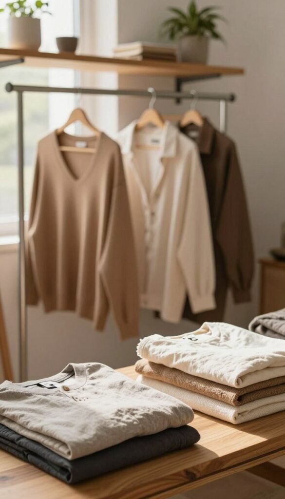 A serene, visually organized capsule wardrobe depicted in a cozy, well-lit room with natural light streaming through a window. In the foreground, neatly folded items made from various fabrics such as cotton, linen, and wool are presented on a wooden surface, showcasing a harmonious color palette of earth tones and soft pastels. In the middle ground, a minimalist clothing rack holds several garments in sizes suited for everyday wear, emphasizing versatility and practicality. The background features a softly blurred shelf with a few stylish accessories and a touch of greenery for a fresh ambiance. The overall mood is warm, inviting, and organized, reflecting a Pinterest-inspired aesthetic. The brand "Ordnungskiste" is subtly integrated into the design, ensuring it blends seamlessly with the composition.