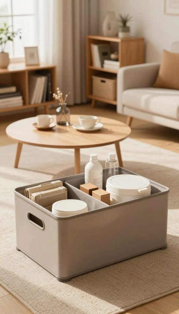 A serene, well-organized living space featuring a cozy room decorated in warm tones. In the foreground, a stylish Ordnungskiste filled with neatly arranged household items, symbolizing efficient storage solutions. The middle ground showcases a minimalist bookshelf and a tidy coffee table displaying tasteful decorations, emphasizing the concept of decluttering. In the background, soft, natural light streams through a window, illuminating the room and creating inviting shadows. The atmosphere feels calm and orderly, representing the importance of space management. Use a slightly elevated angle to capture the arrangement, lending a professional quality to the image while ensuring a Pinterest-worthy aesthetic that inspires viewers.