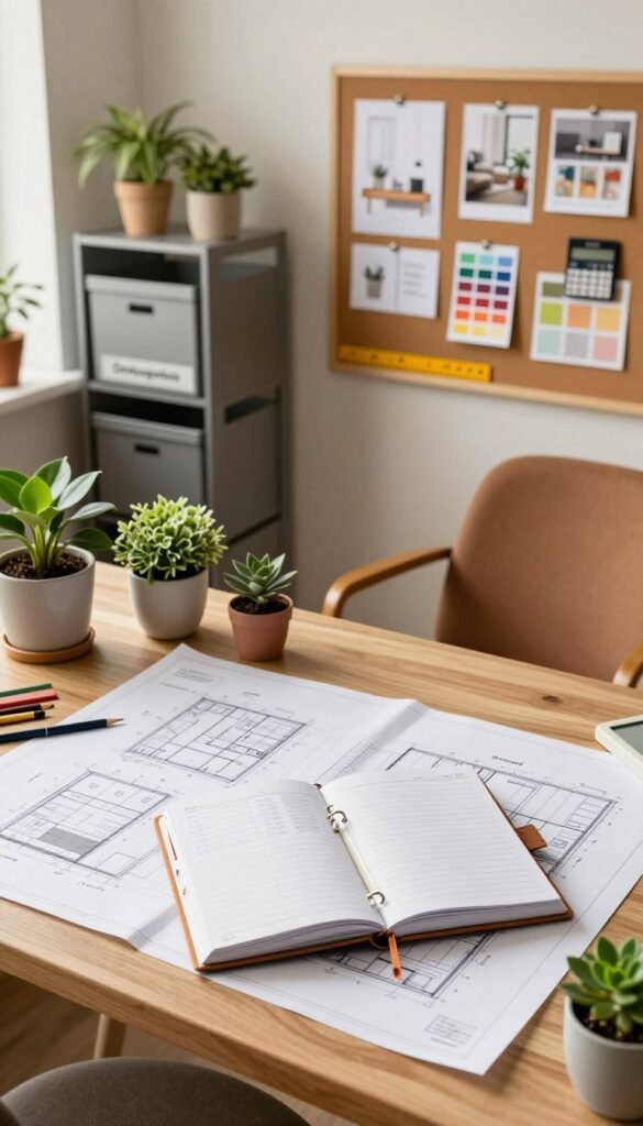 A serene workspace designed for efficient small space planning, featuring a beautifully organized desk with blueprints and sketches of room layouts on high-quality paper. In the foreground, a stylish planner with neat tabs lies open, surrounded by vibrant houseplants in elegant pots. The middle ground showcases a corkboard with pinned inspiration images, color palettes, and a few tools like a ruler and a calculator, creating a creative atmosphere. The background features soft, warm lighting filtering through a window, highlighting earthy tones and natural textures. The scene includes a modern shelving unit labeled "Ordnungskiste," filled with neatly stacked storage boxes, and a cozy armchair to invite relaxation. The overall mood is calm, inspiring, and conducive to thoughtful planning.