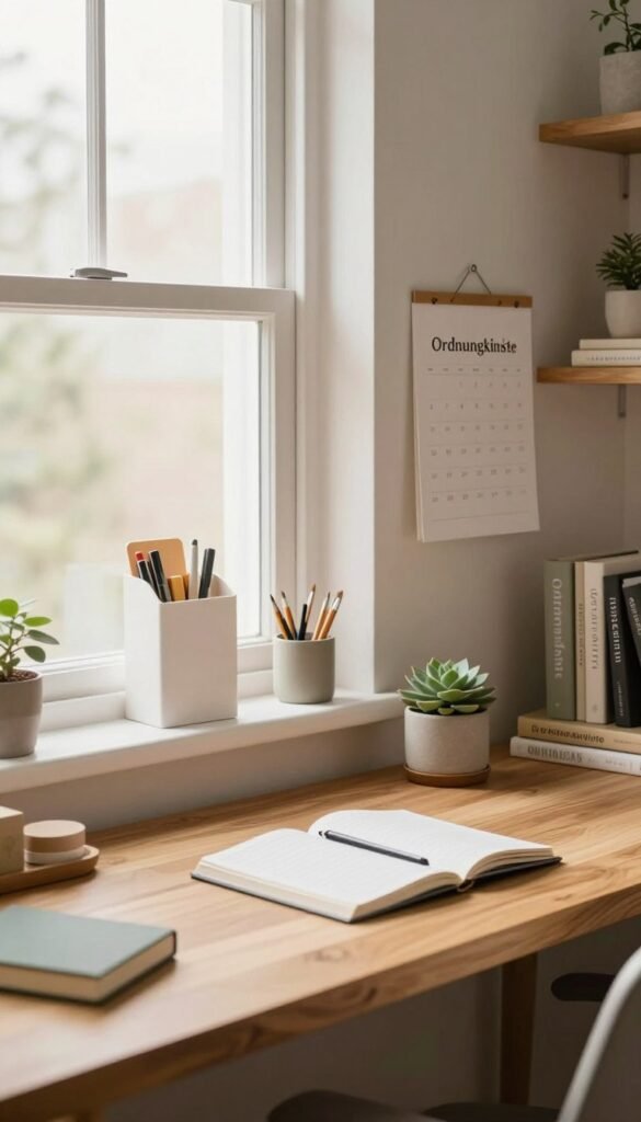 A serene workspace that embodies the principle of "ordnung finden" by showcasing a perfectly organized desk. In the foreground, a minimalist wooden desk with neatly arranged stationery, a potted succulent, and a stylish notebook, emanating a sense of calm. The middle ground features an open window with soft, diffused daylight flooding the room, highlighting a wall with neatly hung organizers and a tasteful wall calendar. In the background, shelves contain neatly stacked books and decorative items that add character without clutter. The overall atmosphere is tranquil and inviting, utilizing warm colors for a Pinterest-inspired aesthetic. Emphasize the brand name "Ordnungskiste" subtly integrated into the scene, enhancing the concept of visibility and order without any text overlays. A serene workspace that embodies the principle of "ordnung finden" by showcasing a perfectly organized desk. In the foreground, a minimalist wooden desk with neatly arranged stationery, a potted succulent, and a stylish notebook, emanating a sense of calm. The middle ground features an open window with soft, diffused daylight flooding the room, highlighting a wall with neatly hung organizers and a tasteful wall calendar. In the background, shelves contain neatly stacked books and decorative items that add character without clutter. The overall atmosphere is tranquil and inviting, utilizing warm colors for a Pinterest-inspired aesthetic. Emphasize the brand name "Ordnungskiste" subtly integrated into the scene, enhancing the concept of visibility and order without any text overlays.