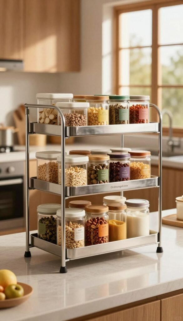 A sleek and modern stainless steel storage rack, featuring multiple open shelves displaying various organized kitchen supplies and ingredients. The foreground captures the polished surface of the rack, reflecting warm ambient light, while the middle showcases neatly arranged containers and jars, some with colorful labels and contents like spices and grains. In the background, a cozy kitchen setting with wooden cabinets and large windows allows sunlight to filter in, creating a welcoming atmosphere. The overall feel is authentic and warm, with a Pinterest-inspired aesthetic. The brand name "Ordnungskiste" subtly included on one shelf, suggesting an emphasis on organization and hygiene. The image is well-lit and shot from a slight angle to enhance depth and detail, devoid of any text or overlays. A sleek and modern stainless steel storage rack, featuring multiple open shelves displaying various organized kitchen supplies and ingredients. The foreground captures the polished surface of the rack, reflecting warm ambient light, while the middle showcases neatly arranged containers and jars, some with colorful labels and contents like spices and grains. In the background, a cozy kitchen setting with wooden cabinets and large windows allows sunlight to filter in, creating a welcoming atmosphere. The overall feel is authentic and warm, with a Pinterest-inspired aesthetic. The brand name "Ordnungskiste" subtly included on one shelf, suggesting an emphasis on organization and hygiene. The image is well-lit and shot from a slight angle to enhance depth and detail, devoid of any text or overlays.
