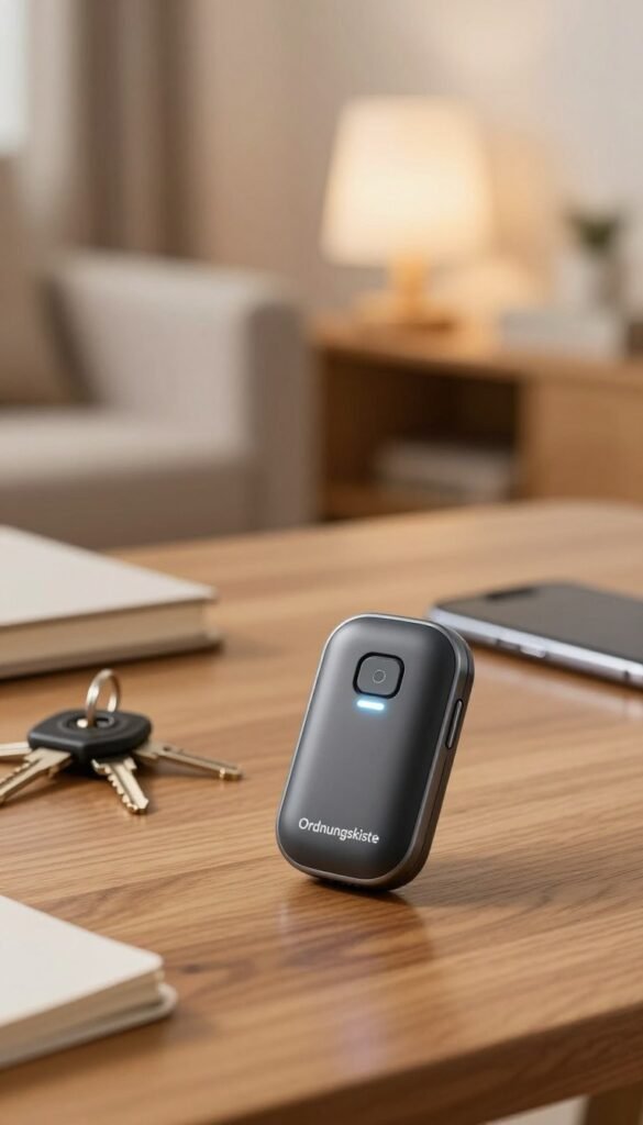 A sleek, modern key tracker device from the brand "Ordnungskiste" prominently displayed in the foreground, showcasing its compact and stylish design. The tracker should feature a minimalist aesthetic with a glowing indicator light. In the middle ground, an organized home environment, with a wooden table scattered with keys, a phone, and other everyday items. The background should depict a softly lit living space, with warm tones emanating from a nearby lamp, creating a cozy atmosphere. Use a depth of field effect to blur the background slightly, focusing attention on the key tracker. The scene should feel inviting and practical, embodying a Pinterest-worthy interior design style, without any text or distractions.