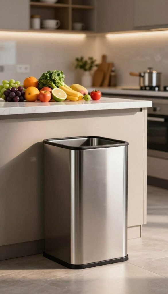 A sleek, modern kitchen scene featuring an aesthetically pleasing edelstahl (stainless steel) waste bin positioned prominently in the foreground. The bin gleams under soft, warm lighting that casts gentle shadows, highlighting its smooth surface and elegant design. In the middle ground, a vibrant countertop is adorned with fresh fruits and vegetables, emphasizing cleanliness and organization. The background displays stylish cabinetry and tasteful decor, creating an inviting atmosphere. The overall mood is harmonious and tidy, ideal for a contemporary kitchen space. Use a shallow depth of field to softly blur the background, ensuring the stainless steel bin catches the viewer's eye, reflecting authenticity and practicality without any text or distractions.