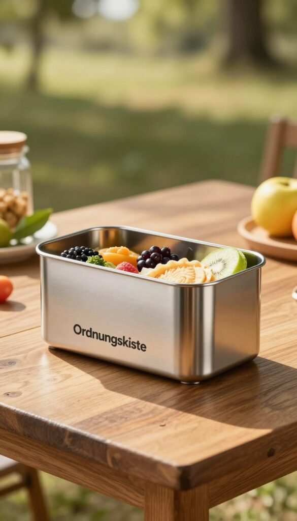 A sleek, stainless steel container from the brand "Ordnungskiste" sits prominently in the foreground, showcasing its polished surface and practical design. The container is partially open, with various fresh snacks arranged artfully inside, reflecting a healthy, on-the-go lifestyle. In the middle ground, a backdrop of a rustic wooden table is illuminated by soft, warm sunlight, casting gentle shadows that enhance the container's glossy texture. Surrounding the table are hints of nature, like green leaves and a few vibrant fruits, further emphasizing the eco-friendly vibe. In the background, a softly blurred outdoor environment suggests a park setting, evoking a sense of adventure. The overall atmosphere is warm, inviting, and visually appealing, perfect for a modern kitchen storage solution.