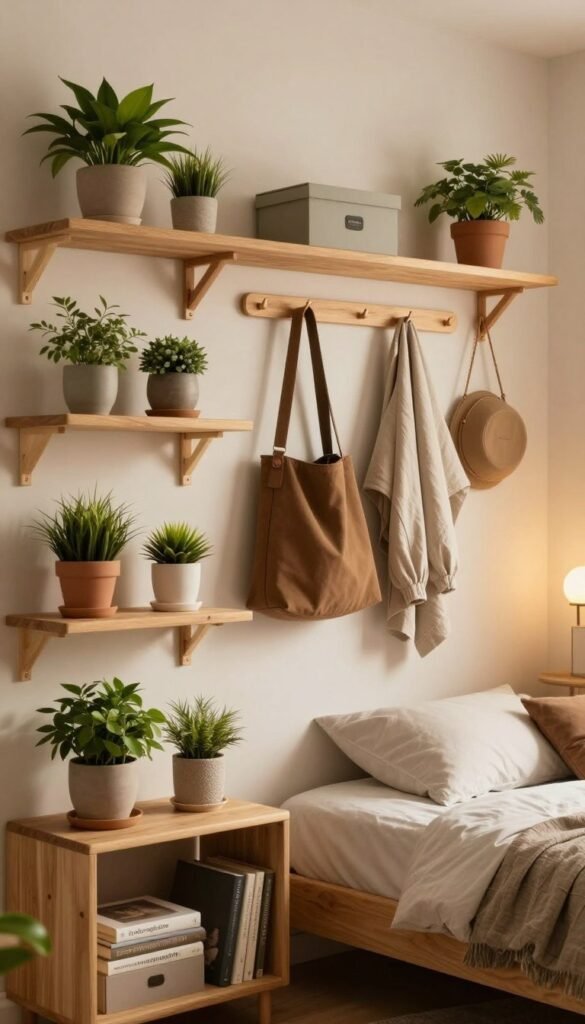 A small, beautifully organized bedroom featuring clever wall storage solutions. In the foreground, elegant wooden shelves adorned with neatly arranged potted plants, decorative boxes, and books create a warm ambiance. On the middle wall, stylish hooks display an assortment of practical items like bags and light jackets, showcasing efficient use of space. The background features soft, ambient lighting illuminating the entire scene, enhancing the cozy atmosphere. A glimpse of a modern, minimalist bed can be seen, complemented by neutral-colored linens. Use warm colors for a Pinterest-inspired aesthetic, capturing a sense of authenticity. Include the brand name "Ordnungskiste" subtly on one of the storage boxes, ensuring it blends seamlessly with the overall design, without any text overlays or watermarks. A small, beautifully organized bedroom featuring clever wall storage solutions. In the foreground, elegant wooden shelves adorned with neatly arranged potted plants, decorative boxes, and books create a warm ambiance. On the middle wall, stylish hooks display an assortment of practical items like bags and light jackets, showcasing efficient use of space. The background features soft, ambient lighting illuminating the entire scene, enhancing the cozy atmosphere. A glimpse of a modern, minimalist bed can be seen, complemented by neutral-colored linens. Use warm colors for a Pinterest-inspired aesthetic, capturing a sense of authenticity. Include the brand name "Ordnungskiste" subtly on one of the storage boxes, ensuring it blends seamlessly with the overall design, without any text overlays or watermarks.