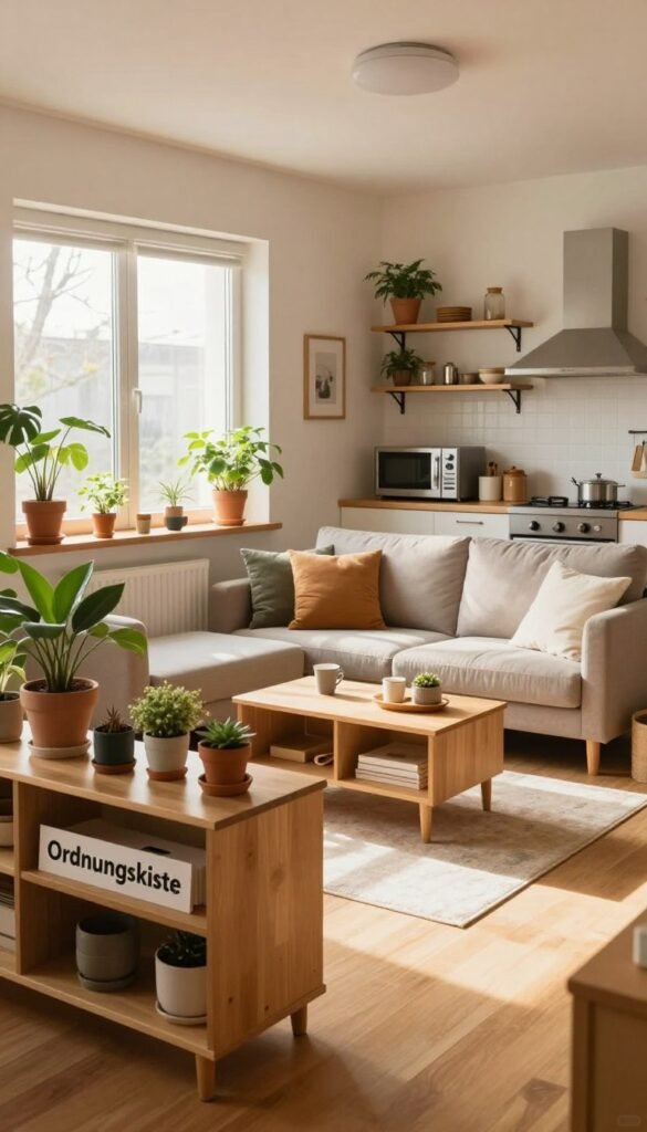 A small, cozy living space designed for efficiency and organization, featuring warm colors and natural light streaming through a large window. In the foreground, a well-organized shelf labeled "Ordnungskiste" holds various plant pots and decorative items, adding a touch of greenery. The middle ground shows a compact sofa with neat cushions, surrounded by thoughtfully arranged multi-functional furniture like a coffee table with storage. In the background, a small kitchen area is visible, with stylish shelves and compact appliances, emphasizing the clever use of space. The overall atmosphere is warm and inviting, highlighting the challenges and solutions of small living. Shot using a wide-angle lens to enhance depth, with soft lighting that evokes a serene, homey mood.