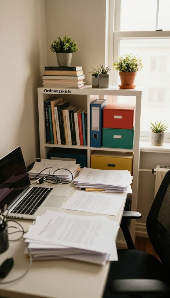 A small home office featuring a cluttered workspace, emphasizing the challenges of maintaining order in limited space. In the foreground, a disorganized desk with scattered papers, tangled charging cables, and an open laptop, creating a sense of chaos. The middle ground showcases an organized shelving unit labeled "Ordnungskiste," filled with neatly stacked books, colorful file boxes, and decorative plants, contrasting with the desk's disorder. The background displays a bright window letting in warm, natural light, illuminating the room with a cozy atmosphere. Capture this scene from a slightly elevated angle to enhance the depth and immersion, creating a Pinterest-inspired aesthetic with soft, warm colors that evoke a sense of authenticity and comfort. A small home office featuring a cluttered workspace, emphasizing the challenges of maintaining order in limited space. In the foreground, a disorganized desk with scattered papers, tangled charging cables, and an open laptop, creating a sense of chaos. The middle ground showcases an organized shelving unit labeled "Ordnungskiste," filled with neatly stacked books, colorful file boxes, and decorative plants, contrasting with the desk's disorder. The background displays a bright window letting in warm, natural light, illuminating the room with a cozy atmosphere. Capture this scene from a slightly elevated angle to enhance the depth and immersion, creating a Pinterest-inspired aesthetic with soft, warm colors that evoke a sense of authenticity and comfort.