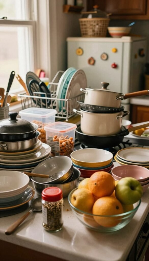 A small kitchen in chaotic disarray, with scattered cooking utensils, open ingredient containers, and mismatched dishes on the counter. In the foreground, a cluttered surface with a half-used spice jar and an overflowing fruit bowl, surrounded by a teetering stack of pots and pans. The middle ground features an overloaded dish rack with dishes precariously stacked, while background elements include a small refrigerator adorned with colorful magnets and a window letting in soft, warm natural light. The scene conveys a realistic feeling of daily cooking chaos, infused with cozy, warm colors that evoke a Pinterest aesthetic, creating an authentic homey atmosphere without any text or distractions.